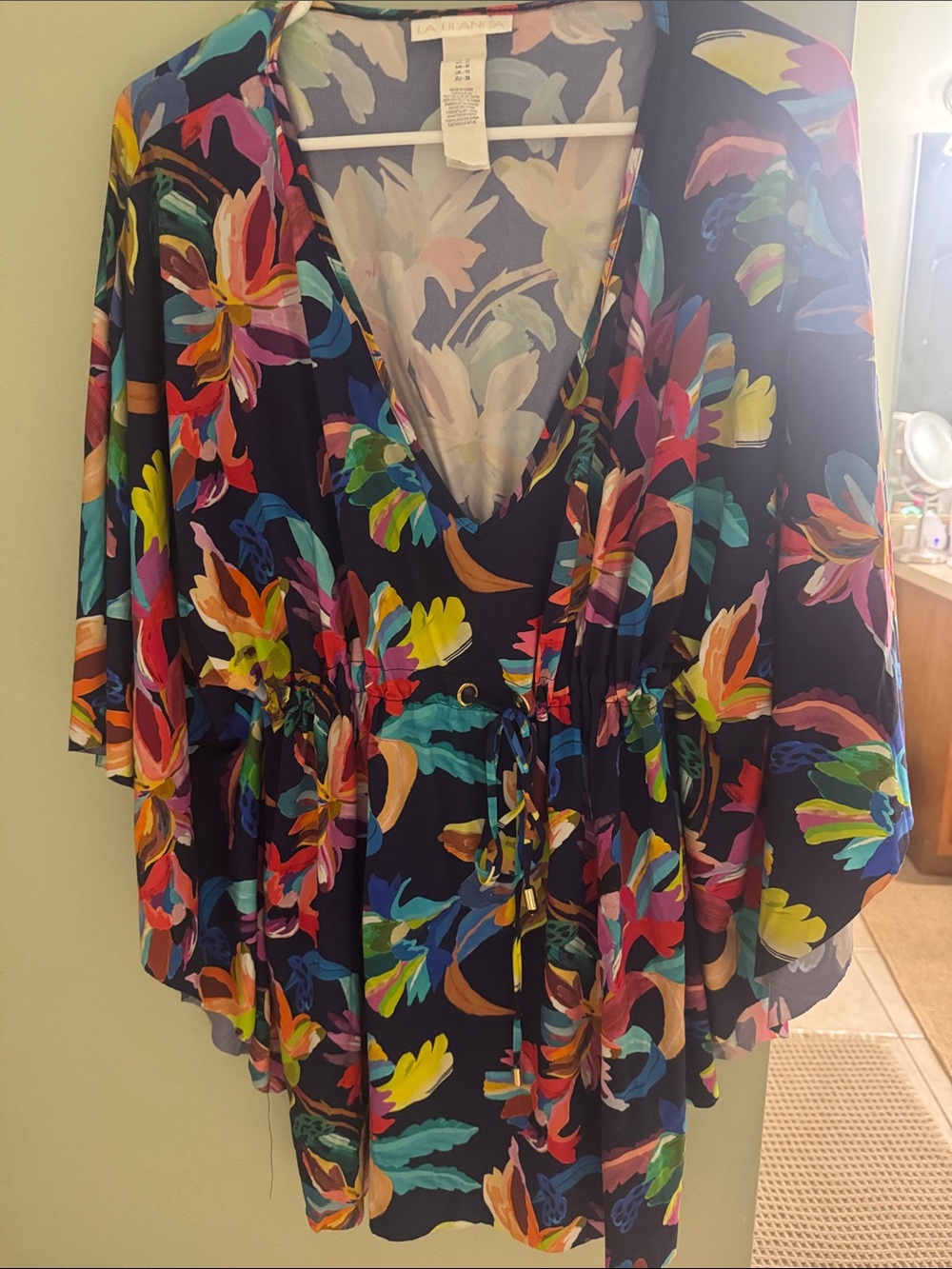 La Blanca Navy Floral V-Neck Drawstring coverup M